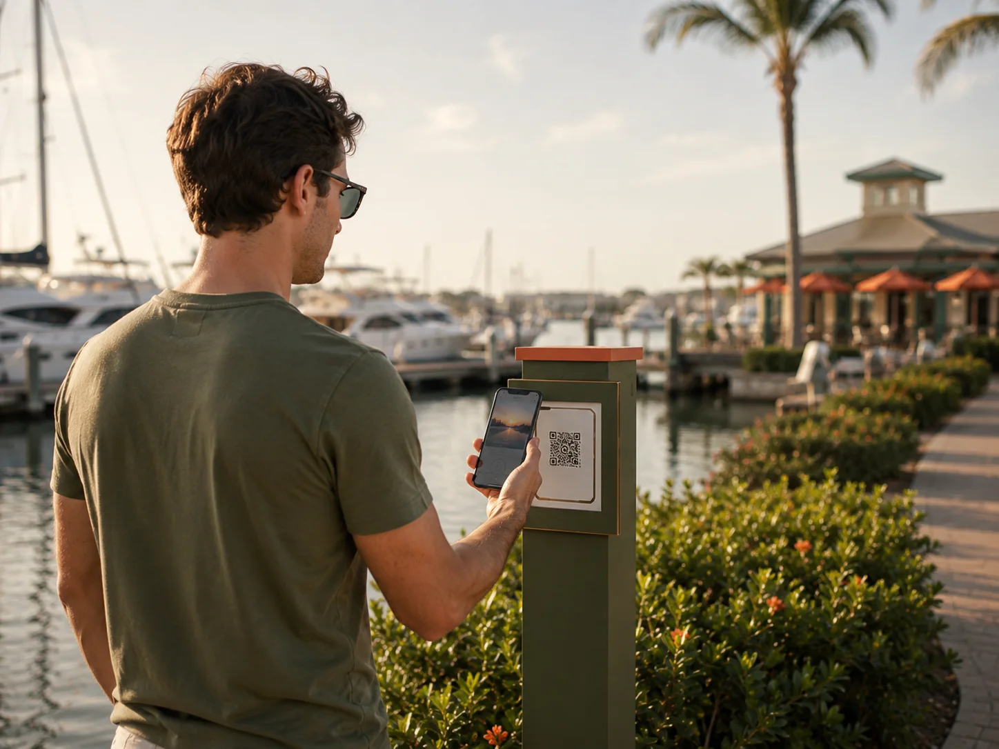 A marina visitor scanning a mobile experience kiosk beside the waterfront.