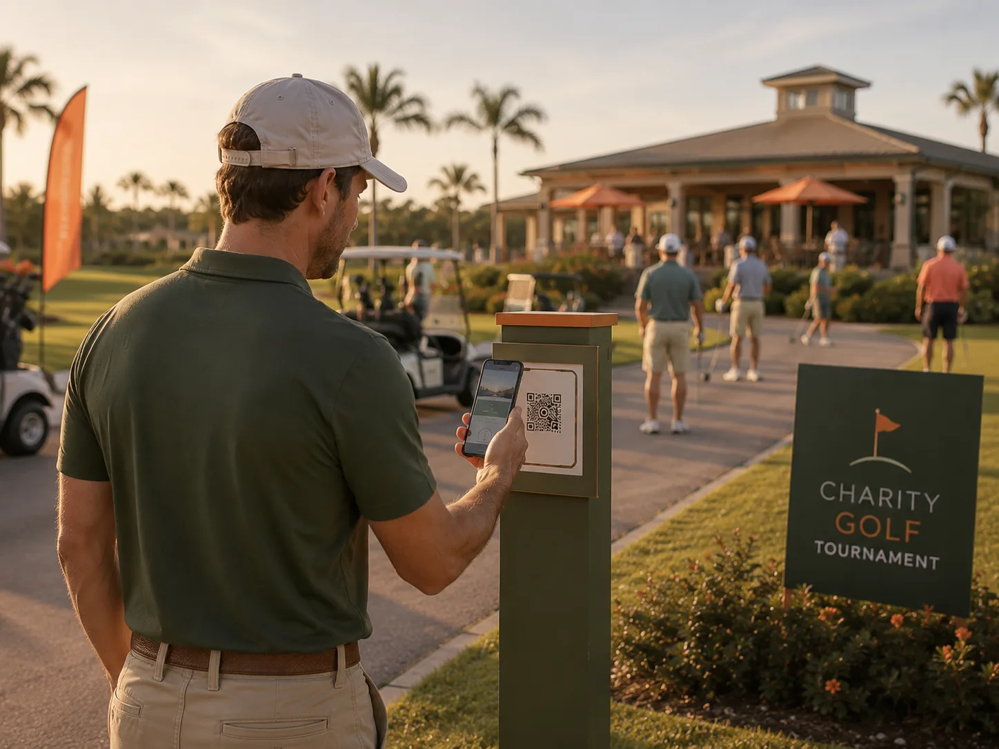 A golfer using a phone to scan a tournament information point near a clubhouse.