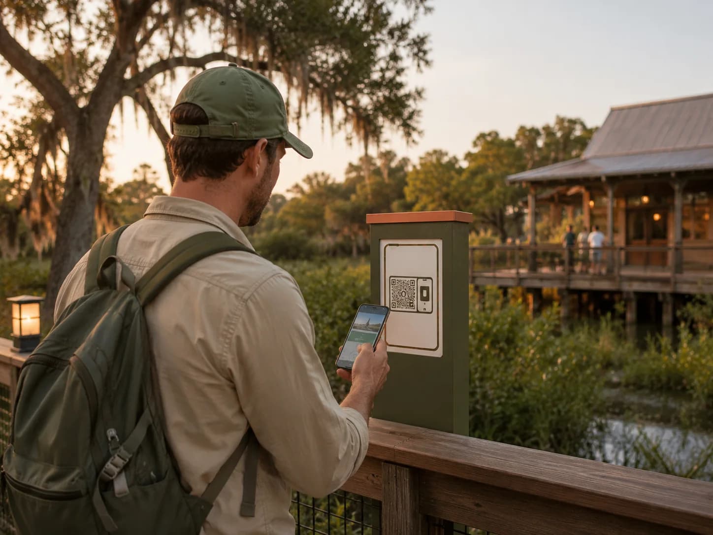 A trail visitor scanning a mobile experience marker near a nature destination.