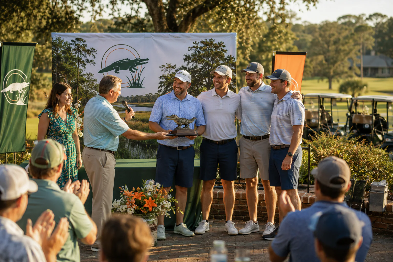 A tournament team receiving an award during the outdoor awards presentation.