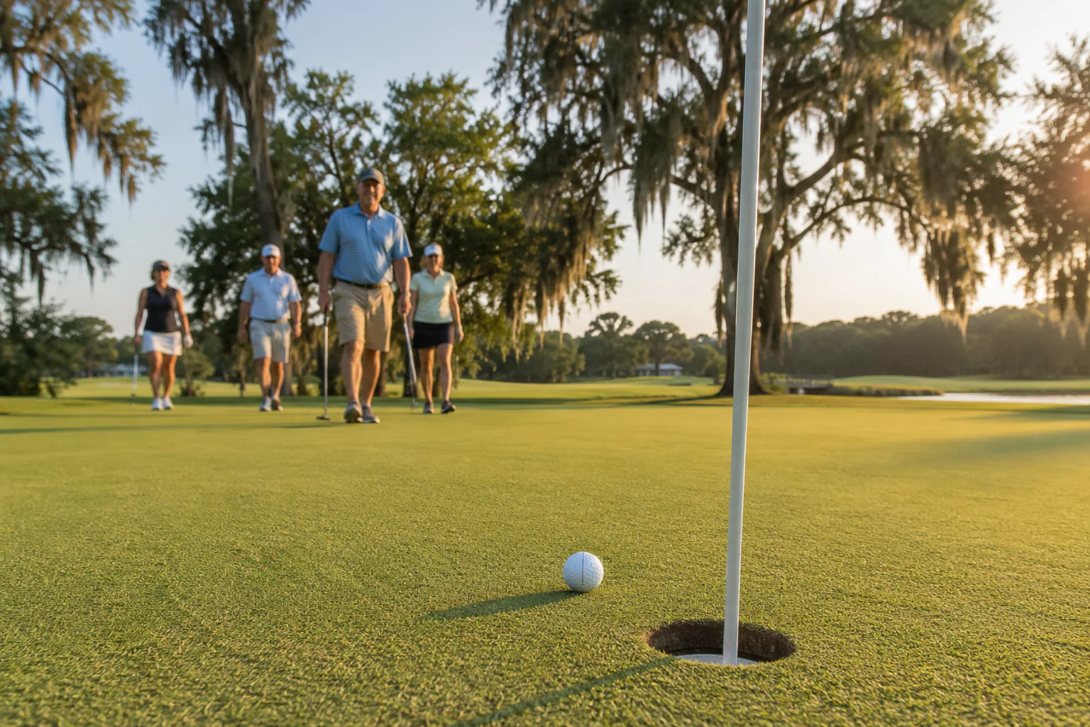 A golf ball resting close to the hole as players walk toward the green.