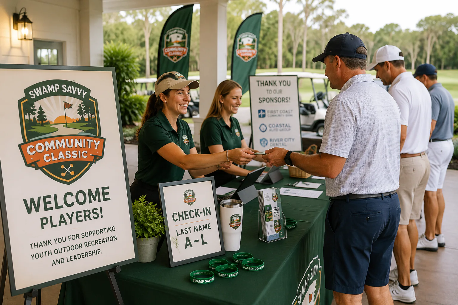 Players checking in at the Swamp Savvy Community Classic registration table.