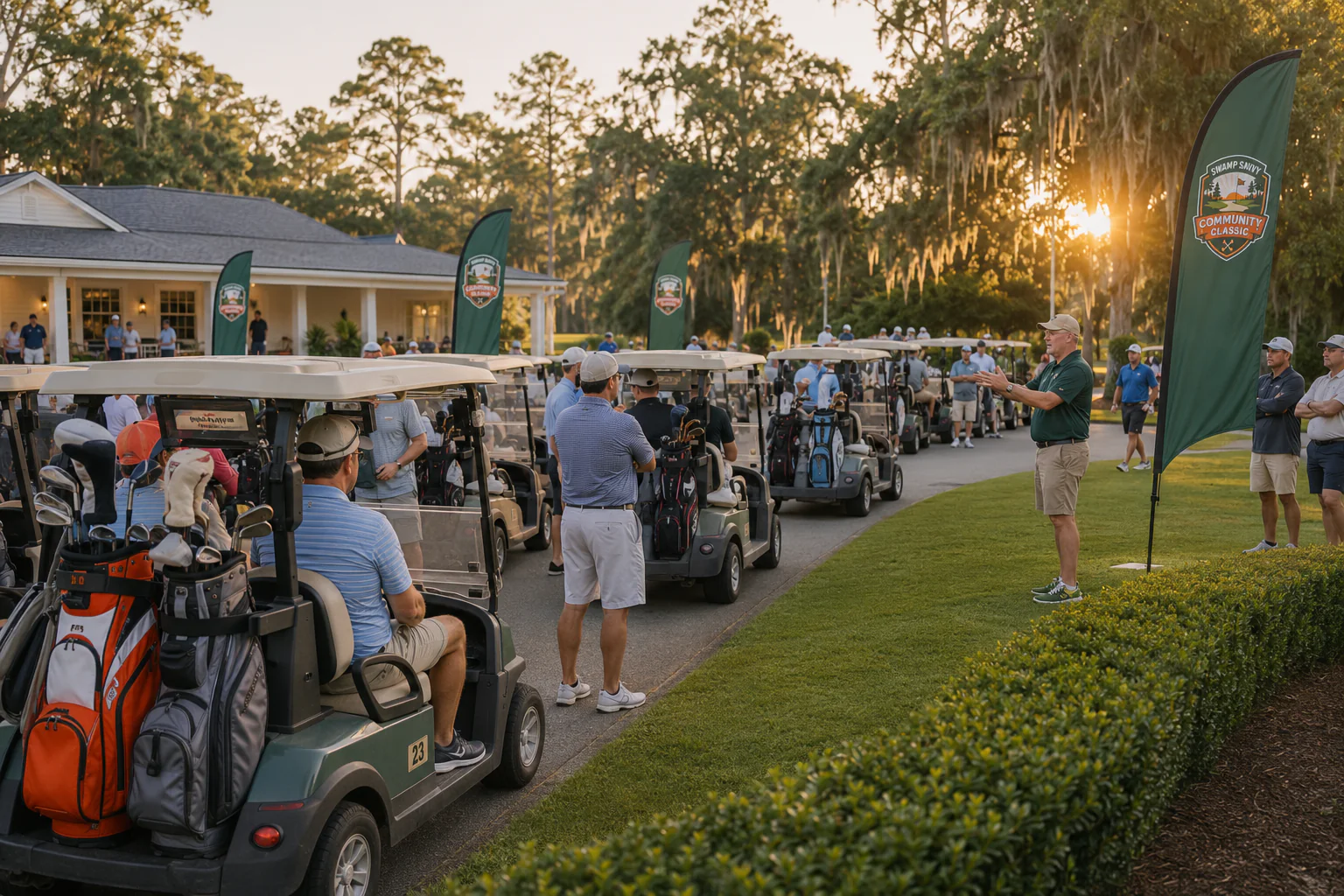 Players and golf carts gathering before the tournament shotgun start.