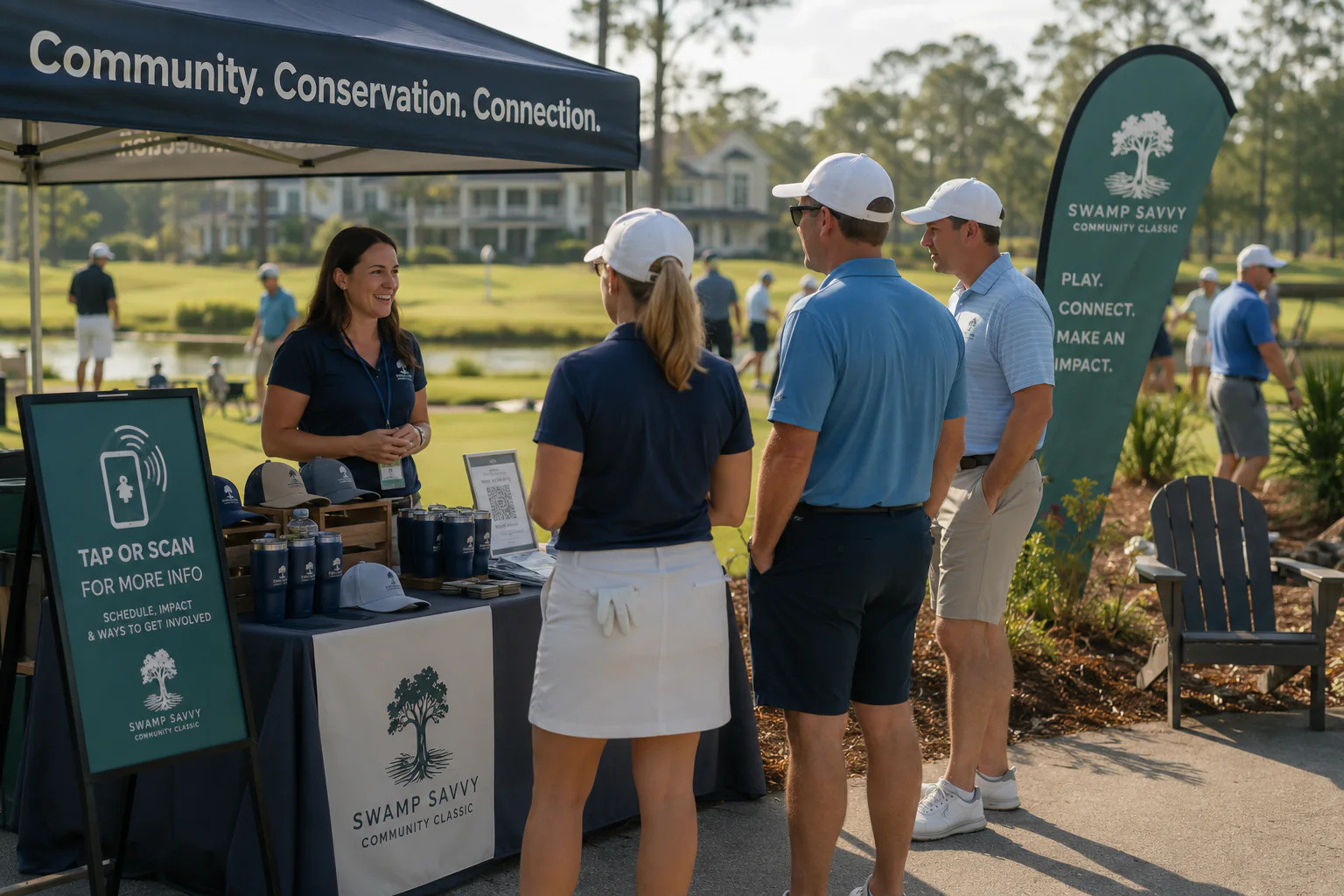 Tournament participants visiting a sponsor activation with a tap and scan information sign.